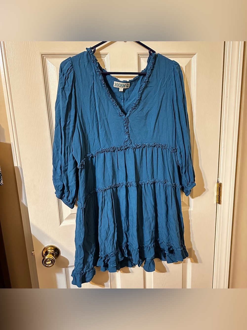 Teal Crinkle Peasant Mini Dress